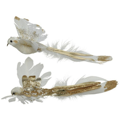 Bird Polyester Feathers, Glitters, Beads | White/Gold
