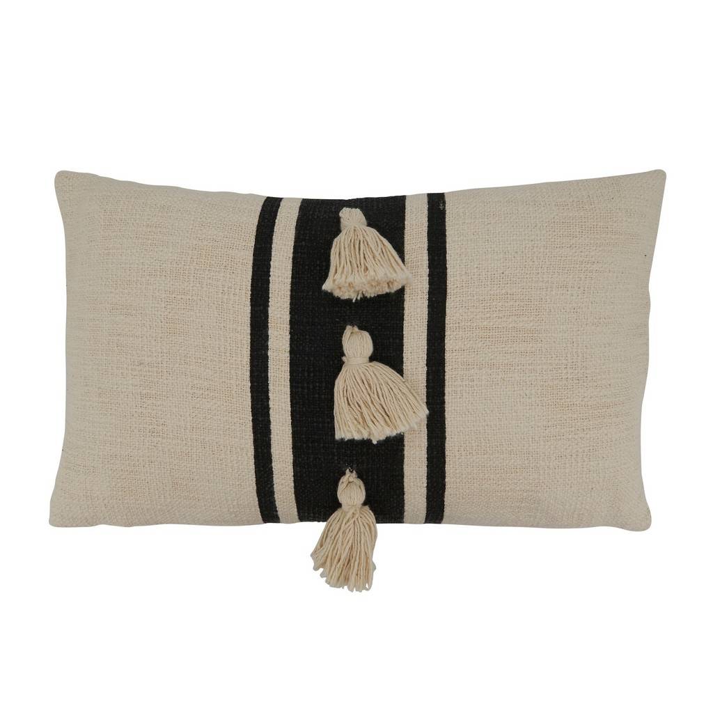 Striped Tassel Down Filled Black Decorative Pillow
