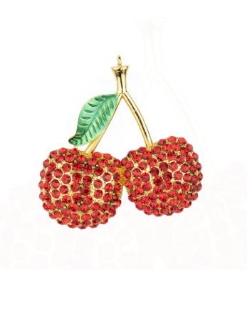 Red diamante cherry in gold cast metal frame ornament, green enamel leaf, 2.75''