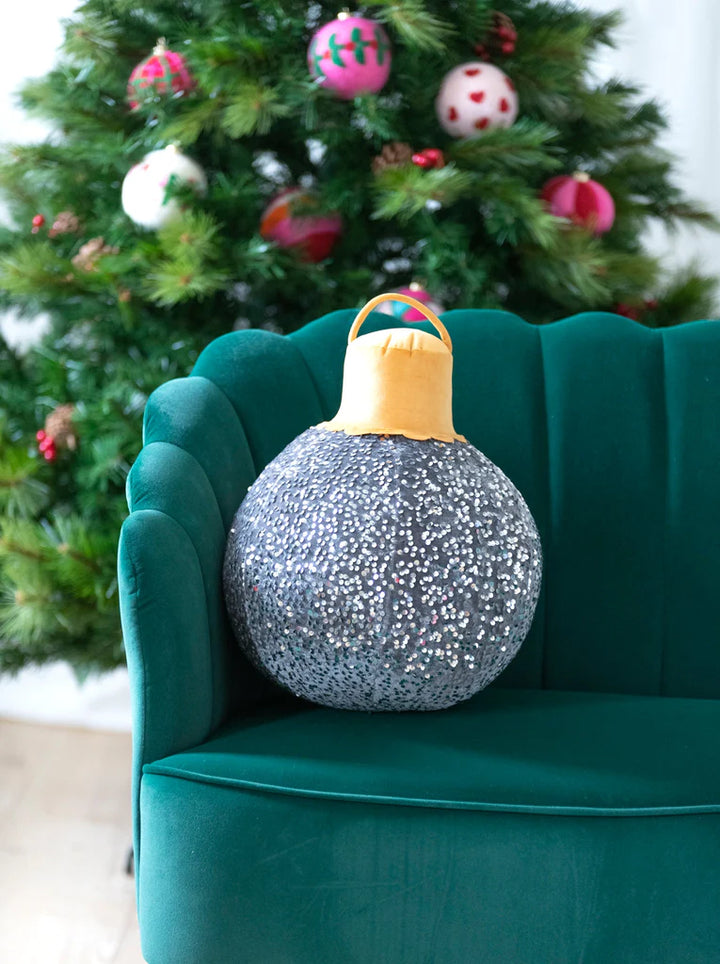Large Merry Bauble Sequin Silver Decorative Pillow