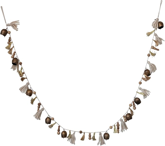 Garland Cotton & Wool  With Metal Bells & Wood Beads 72"Lx2"H