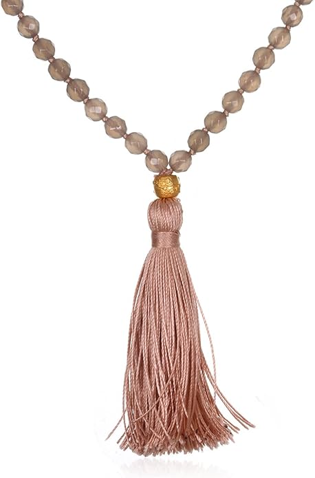 Grey Agate Gold Cherry Blossom Tassel Mala Necklace
