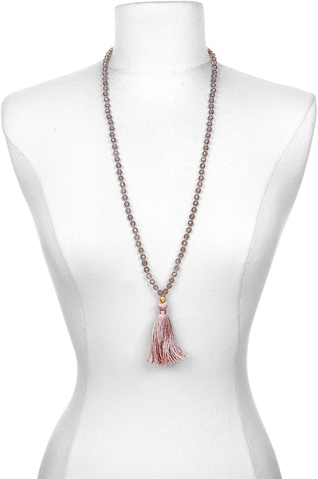 Grey Agate Gold Cherry Blossom Tassel Mala Necklace