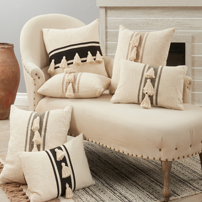 Striped Tassel Down Filled Black Decorative Pillow
