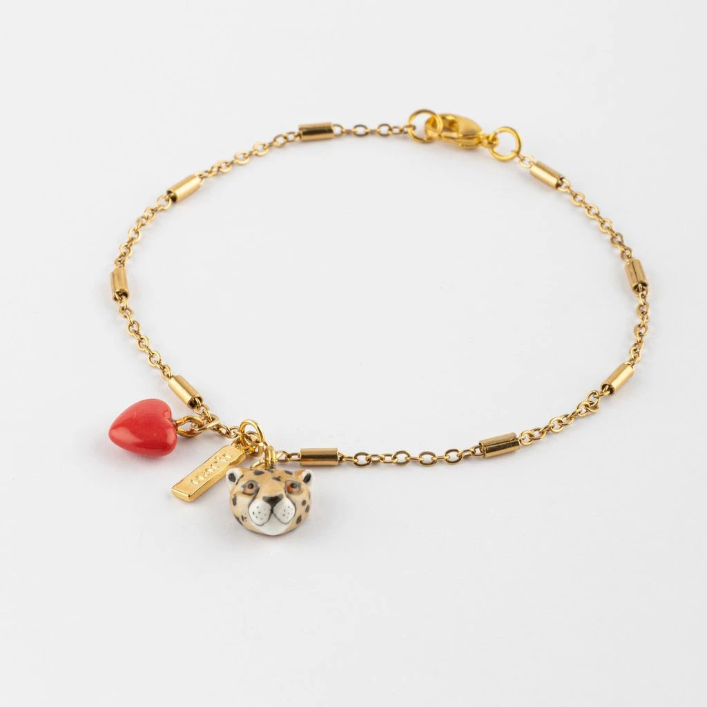 Leopard Head And Red Heart Chain Bracelet