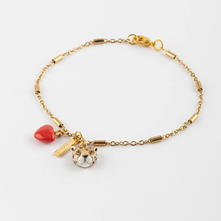 Leopard Head And Red Heart Chain Bracelet