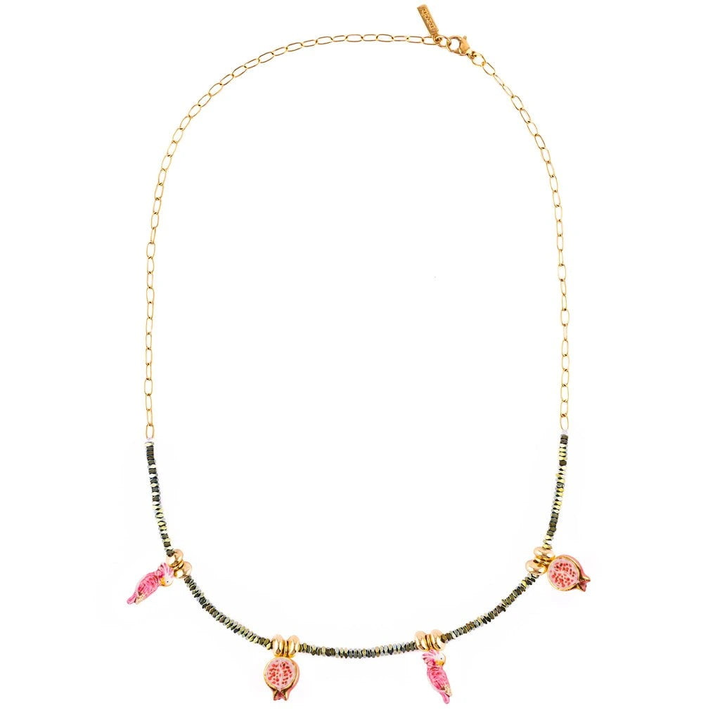 Pink Cockatoos With Pomegranates And Hematite Beads Necklace