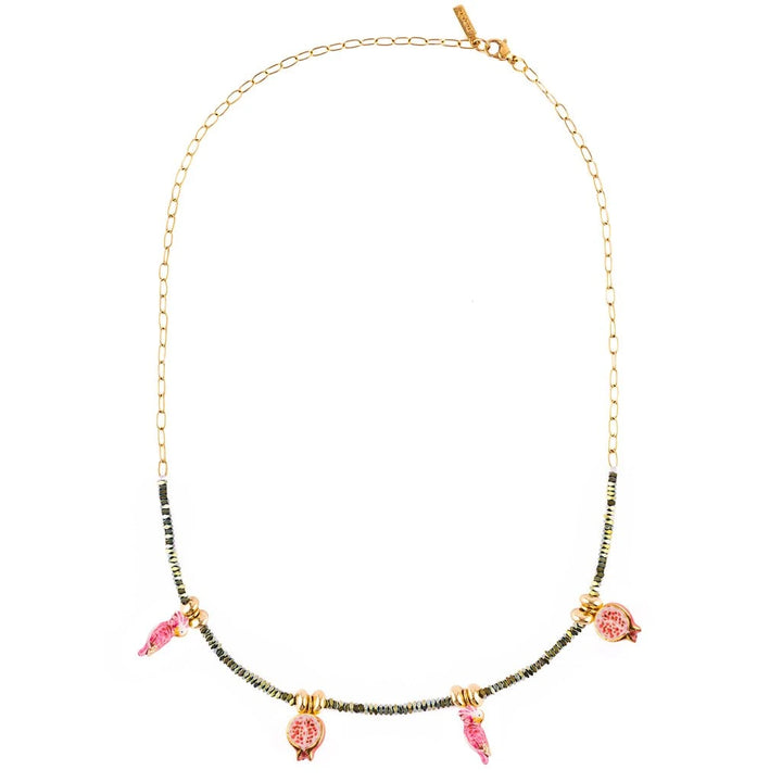 Pink Cockatoos With Pomegranates And Hematite Beads Necklace