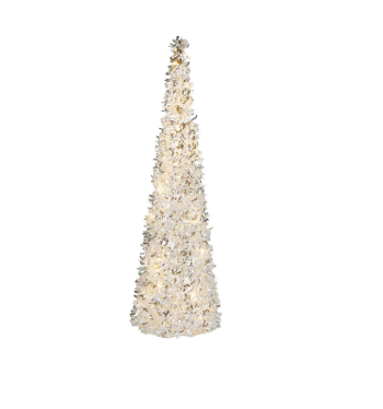 White and silver iridescent tinsel tree with LED lights, 20''