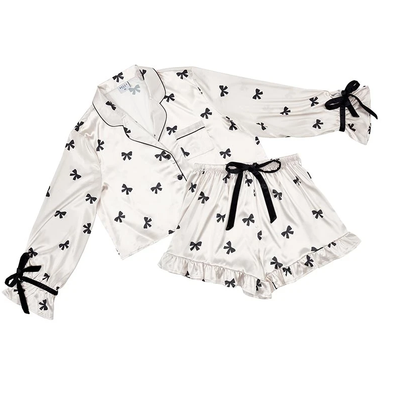 Cropped PJ Set + Velvet Ties - Ivory/Black Bows