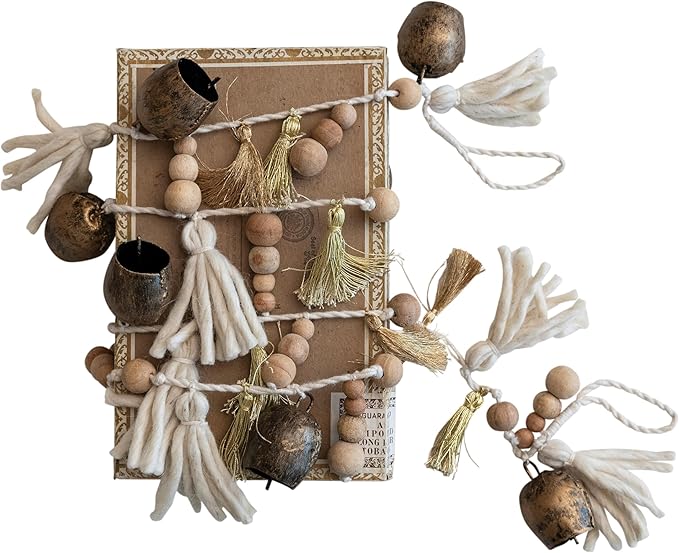 Garland Cotton & Wool  With Metal Bells & Wood Beads 72"Lx2"H