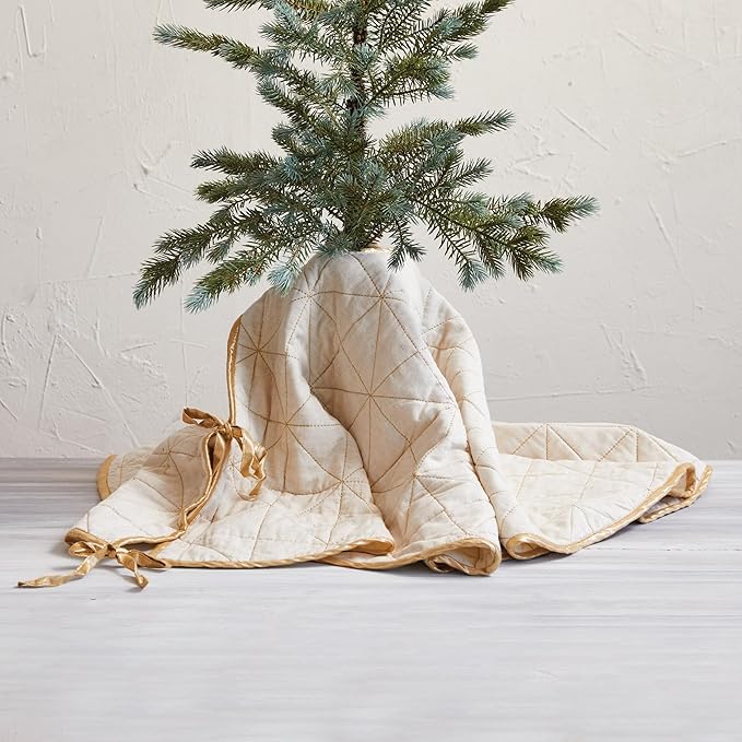 Tree Skirt Woven Cotton & Linen  With Gold Thread Embroidery 48"R