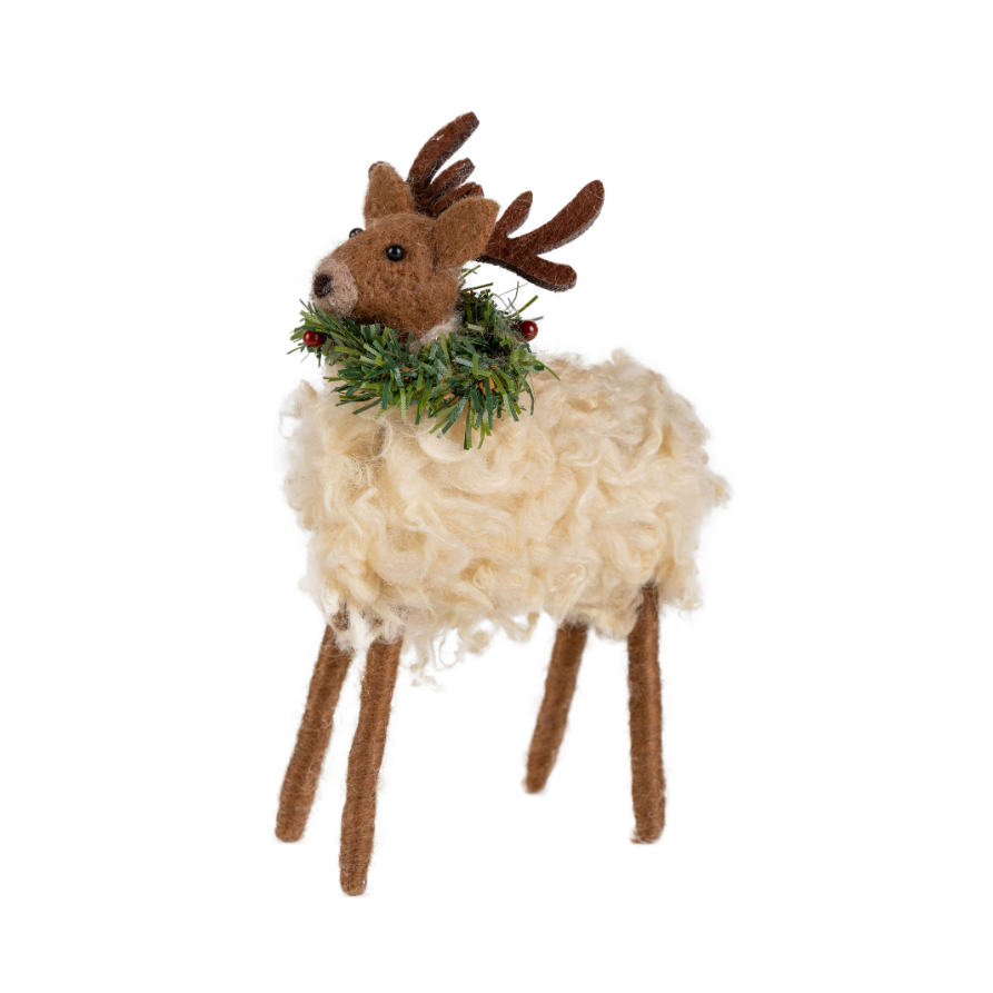 Felt Reindeer Table Piece Brown Antlers and a Green Wreath around its Neck