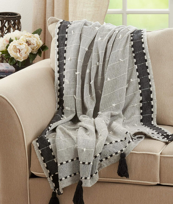 Banded Border Tassel Black Throw