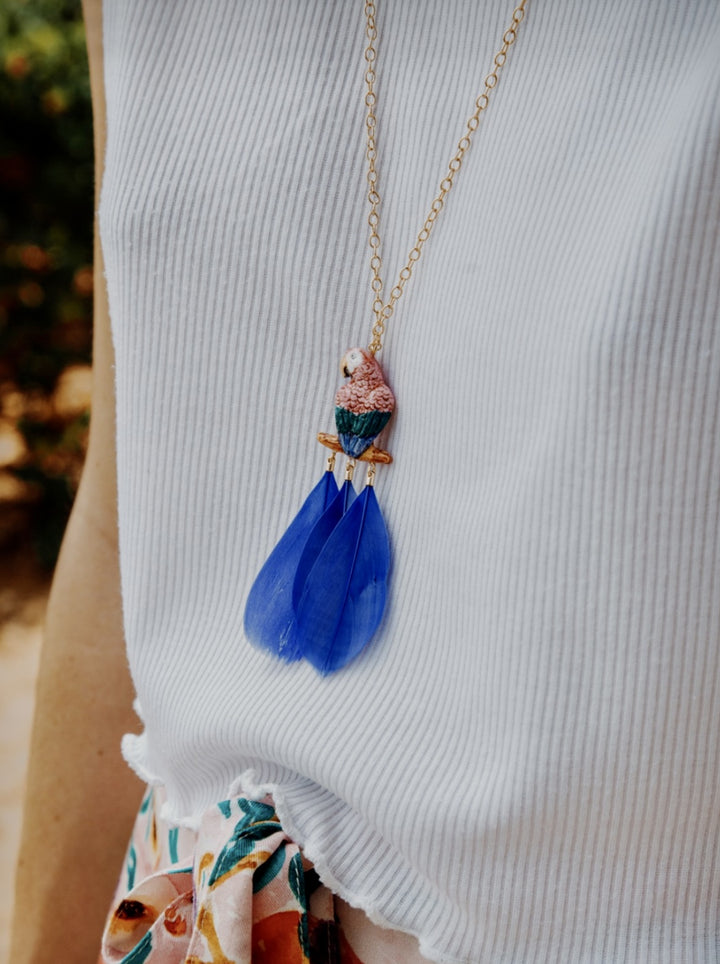 Pink Parrot on Branch with Feathers Necklace