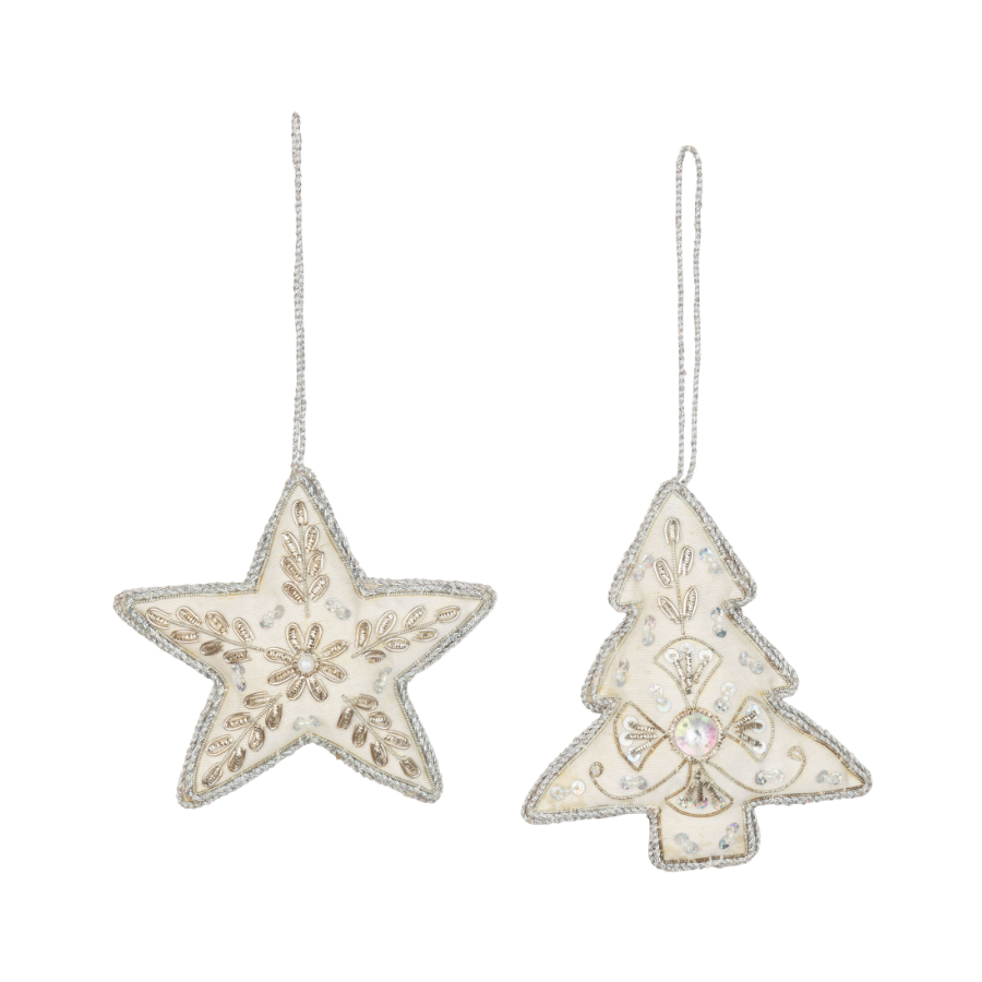 Embroidered White Satin Tree and Star Ornament | 2 Asst'd