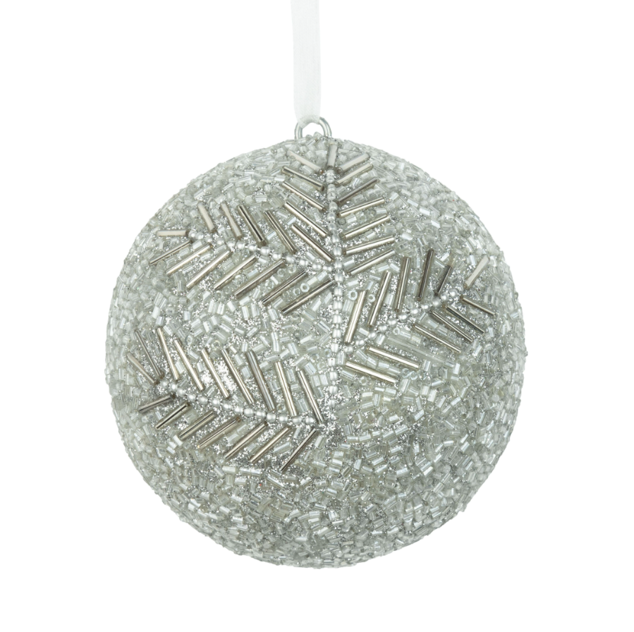 Bauble Clear glass bead covered acrylic ball with bugle bead branch pattern