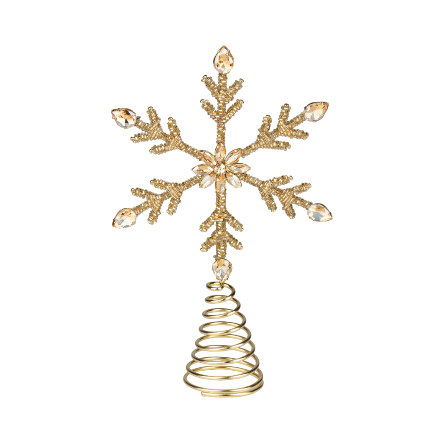 Beaded snowflake tree topper glass beads with gem tips on metal frame