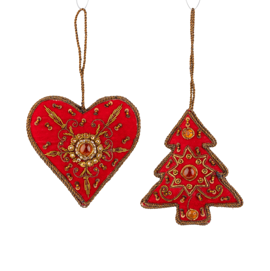 Fabric embroidered heart and tree ornaments /red and bronze | 2 Asst'd