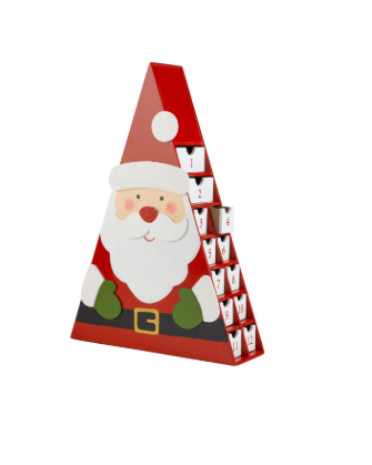 Painted wood triangular Santa advent calendar in red and white, 16.5''