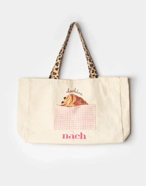 Pink gingham pocket & chocolatine tote bag