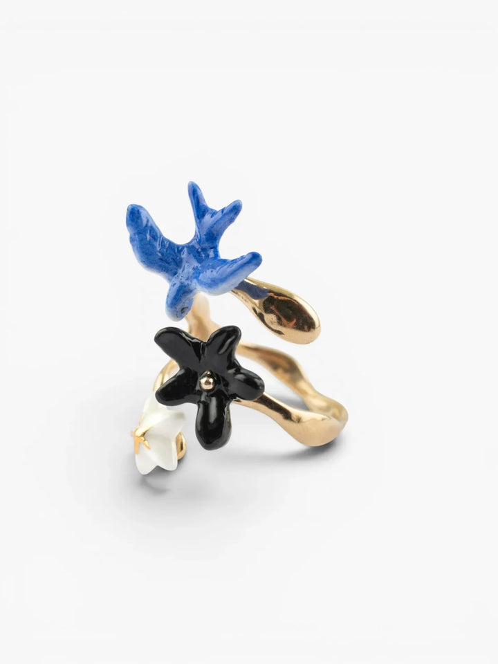 Blue Swallow With Flowers Ring