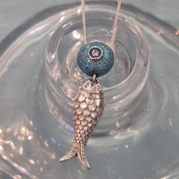 BJ-39 Pendant & Chain Turquoise sea urchin with silver FISH