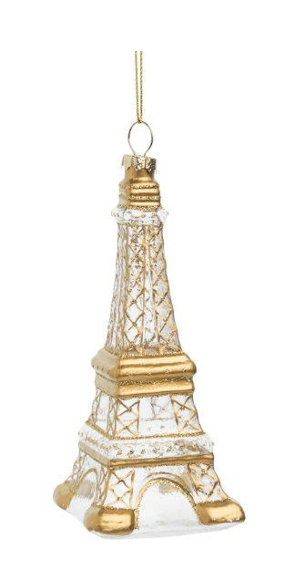 Blown glass Eiffel tower ornament, clear with gold outline, 4.5''