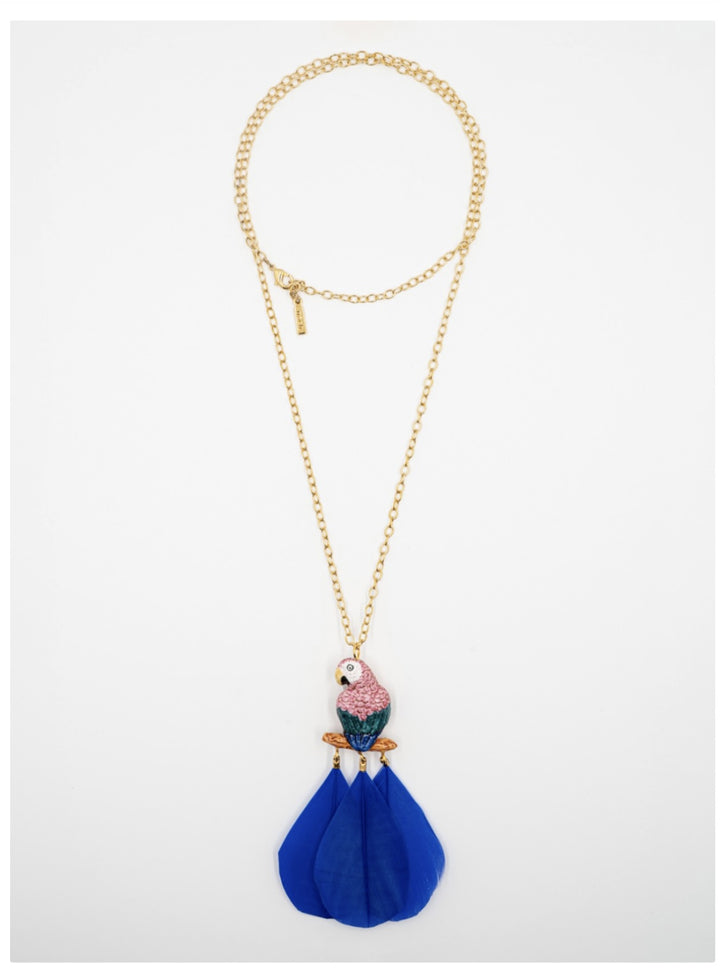 Pink Parrot on Branch with Feathers Necklace