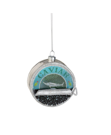 Glass Caviar Tin Ornament with Glittered Accents and a Silver Pull Tab Opener