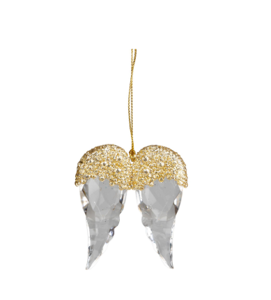 Clear acrylic angel wings ornament with gold glittered beads