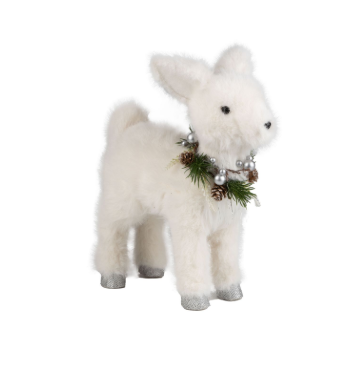Fluffy white plush reindeer table piece with wreath collar,12''