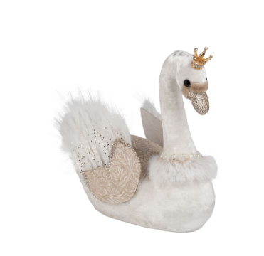 White swan table piece with gold crown, embossed beige wings with gold trim, 8.75''