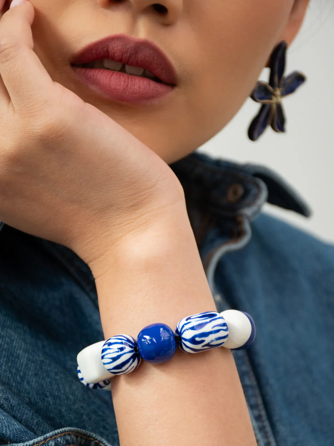 Blue Zebra Striped Bead Chunky Bracelet