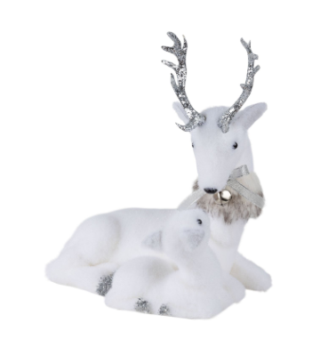 Flocked reindeer stag with fawn table piece, glittered antler and grey scarf, 10x11 in 2