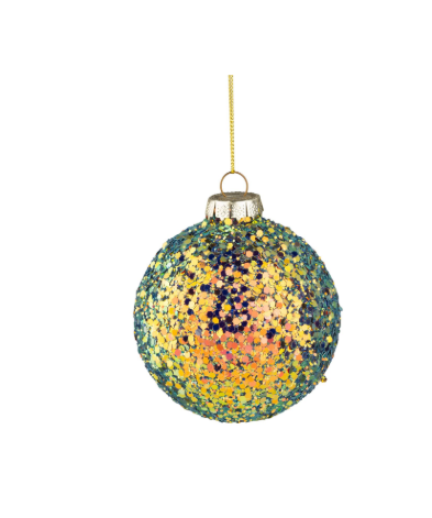 Glass ball ornament, iridescent glitter blue, green and gold tones, 80mm/3''