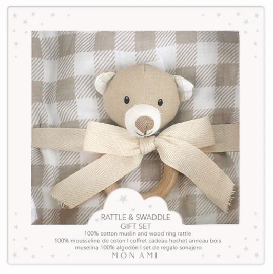 Gingham Muslin Swaddle & Petit Bear Wood Rattle Set