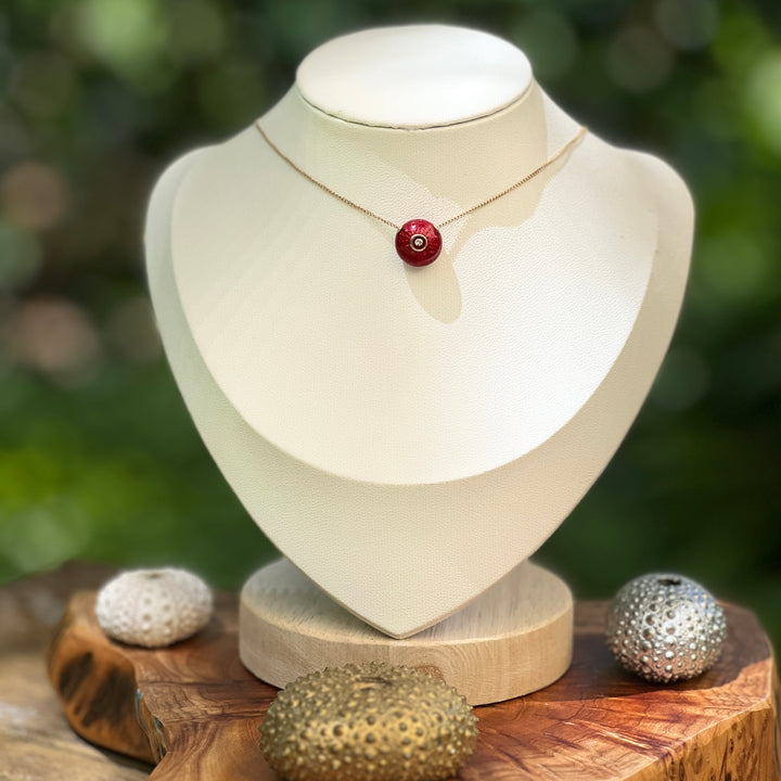 Pendant and Chains Red  Sea Urchins with Diamond on 14k