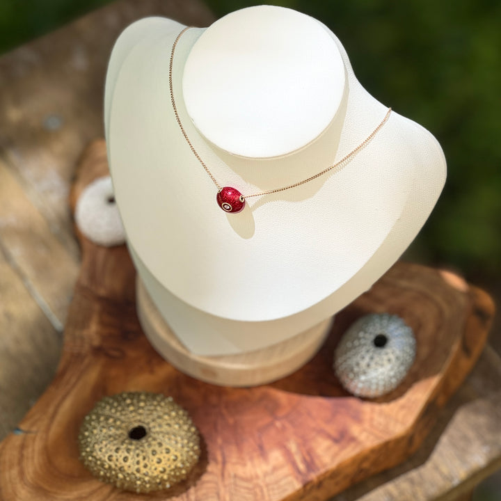 Pendant and Chains Red  Sea Urchins with Diamond on 14k