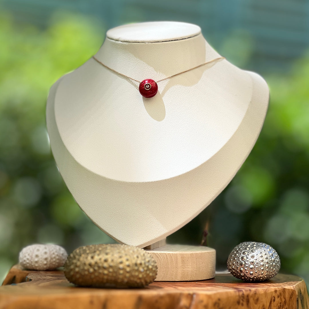 Pendant and Chains Red  Sea Urchins with Diamond on 14k