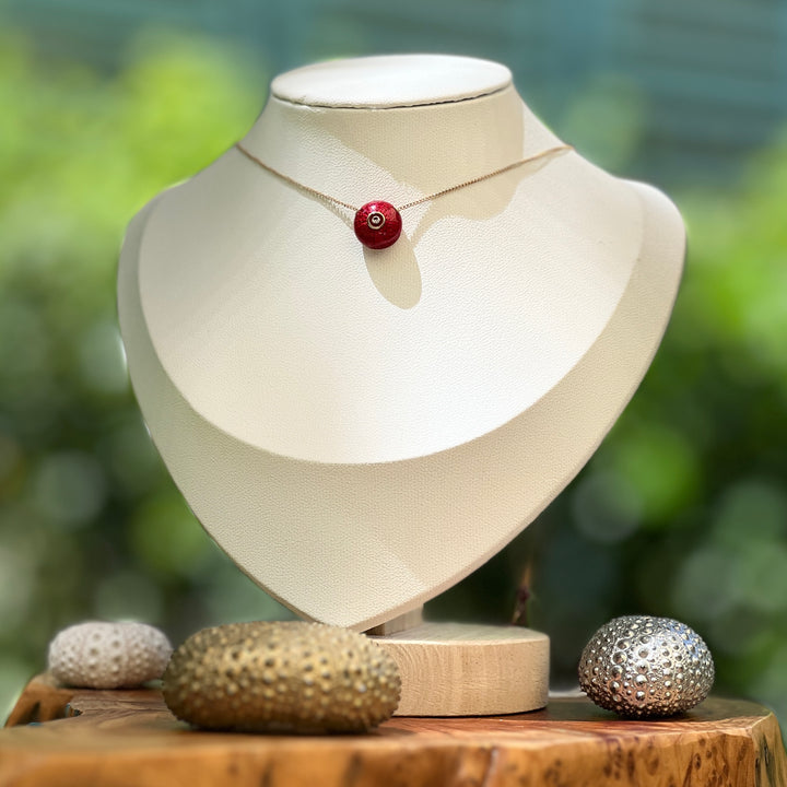 Pendant and Chains Red  Sea Urchins with Diamond on 14k
