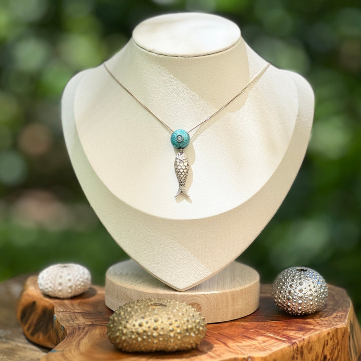 BJ-39 Pendant & Chain Turquoise sea urchin with silver FISH