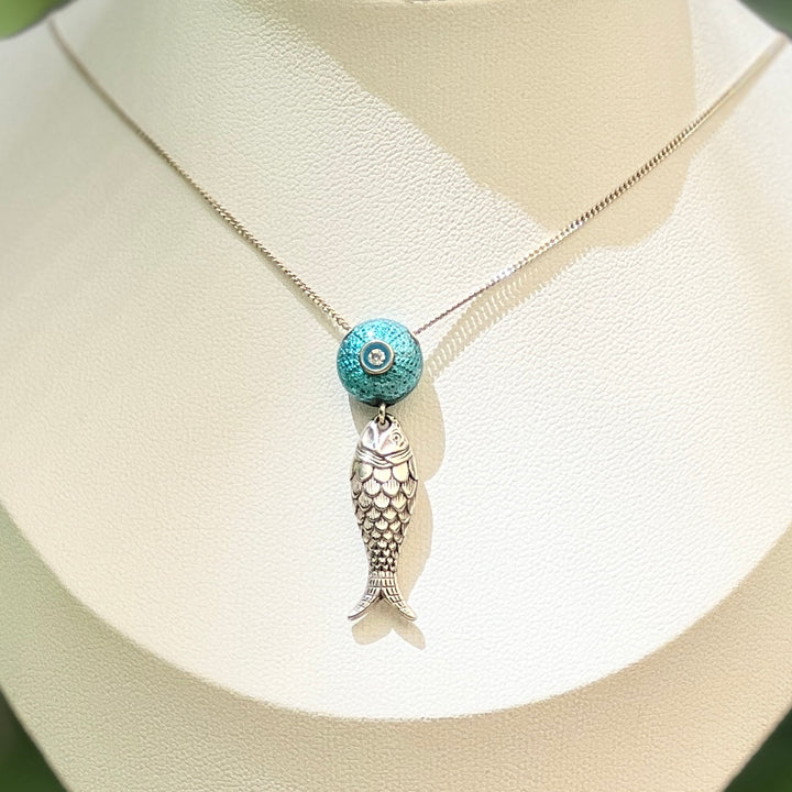BJ-39 Pendant & Chain Turquoise sea urchin with silver FISH