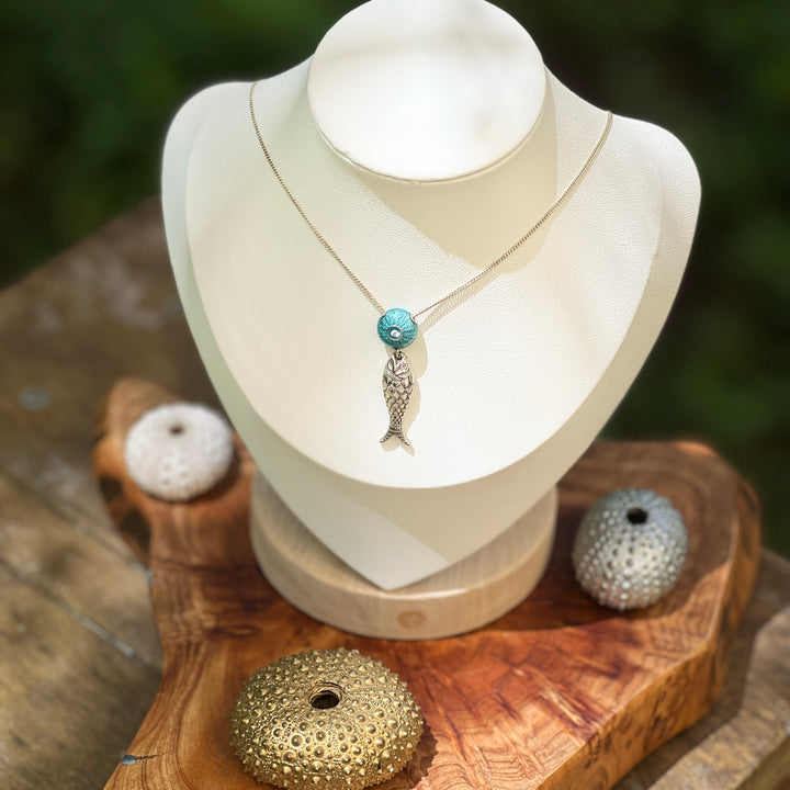 BJ-39 Pendant & Chain Turquoise sea urchin with silver FISH