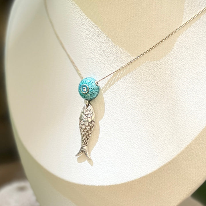 BJ-39 Pendant & Chain Turquoise sea urchin with silver FISH