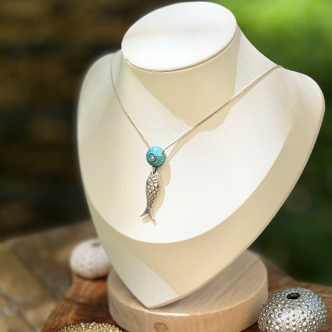 BJ-39 Pendant & Chain Turquoise sea urchin with silver FISH