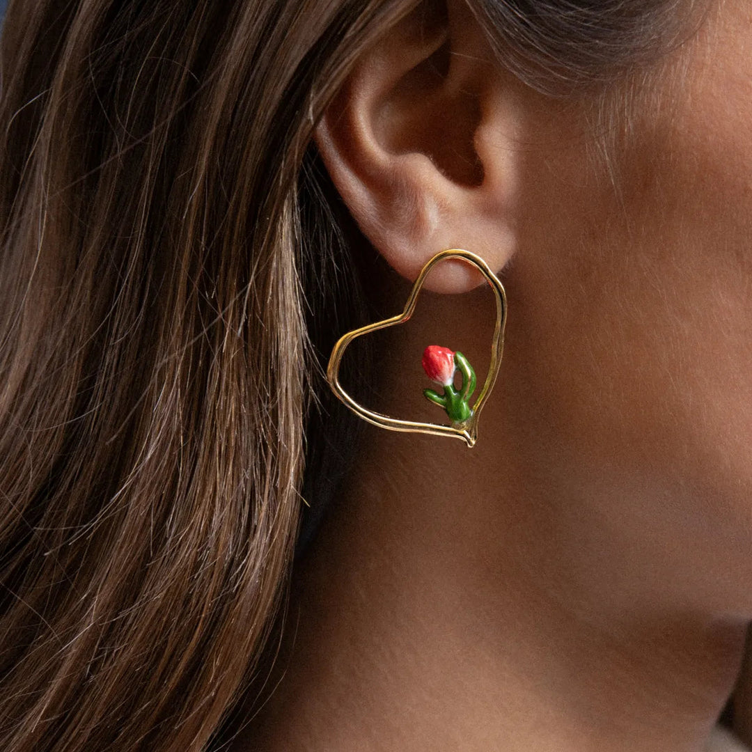 Red Tulip Heart Earrings