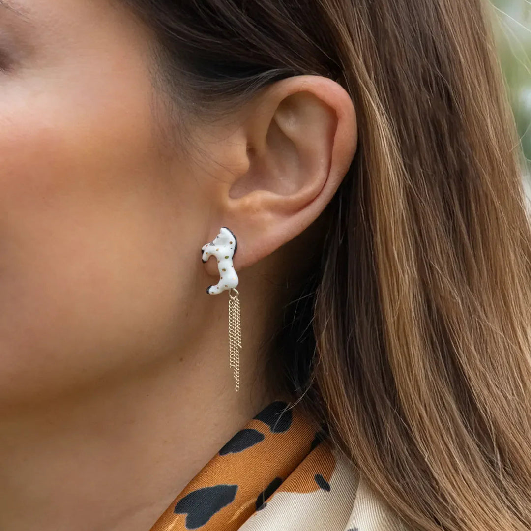 White horse ear studs with chains