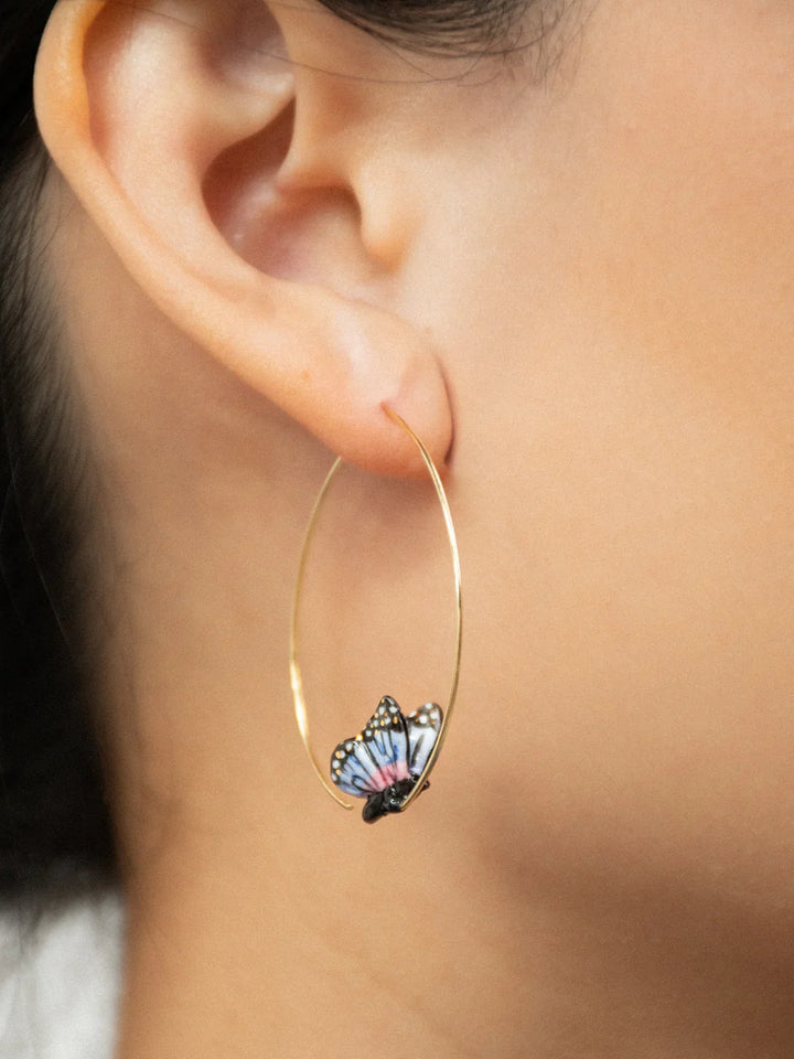 Flying Blue Moth  Hoop Earrings