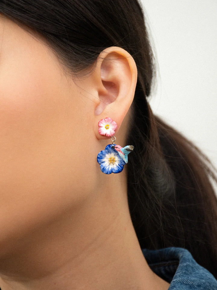 Pink and Blue Hibiscus and Hummingbird Pendant Earrings
